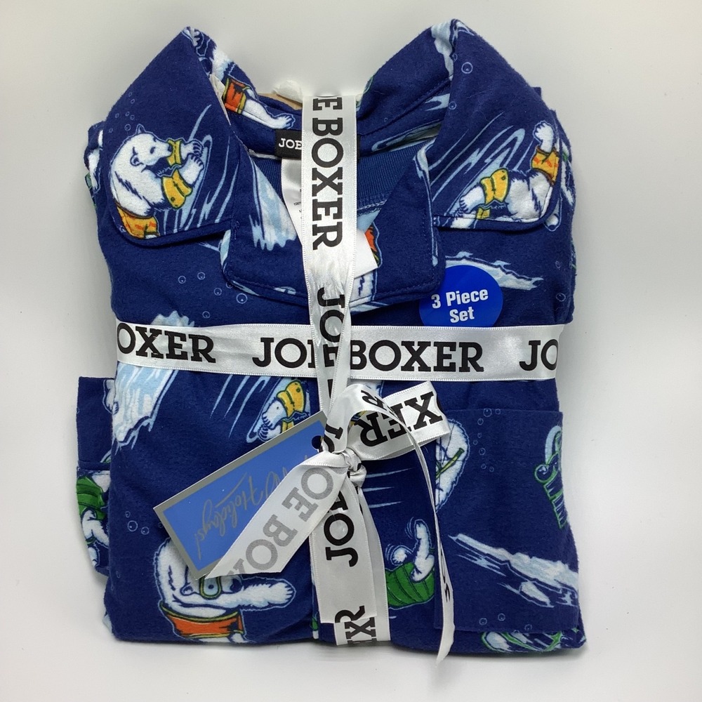 Joe Boxer 3 Piece Blue Polar Bear Fleece Pajama Set Boys Medium‎ 8 Button Up Top
